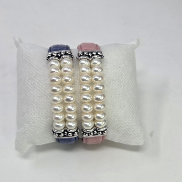 HONORA Set 2 Gen Leather Pearl Sterling Silver 925 Double Row Bracelet Pink Blue - Picture 2 of 11